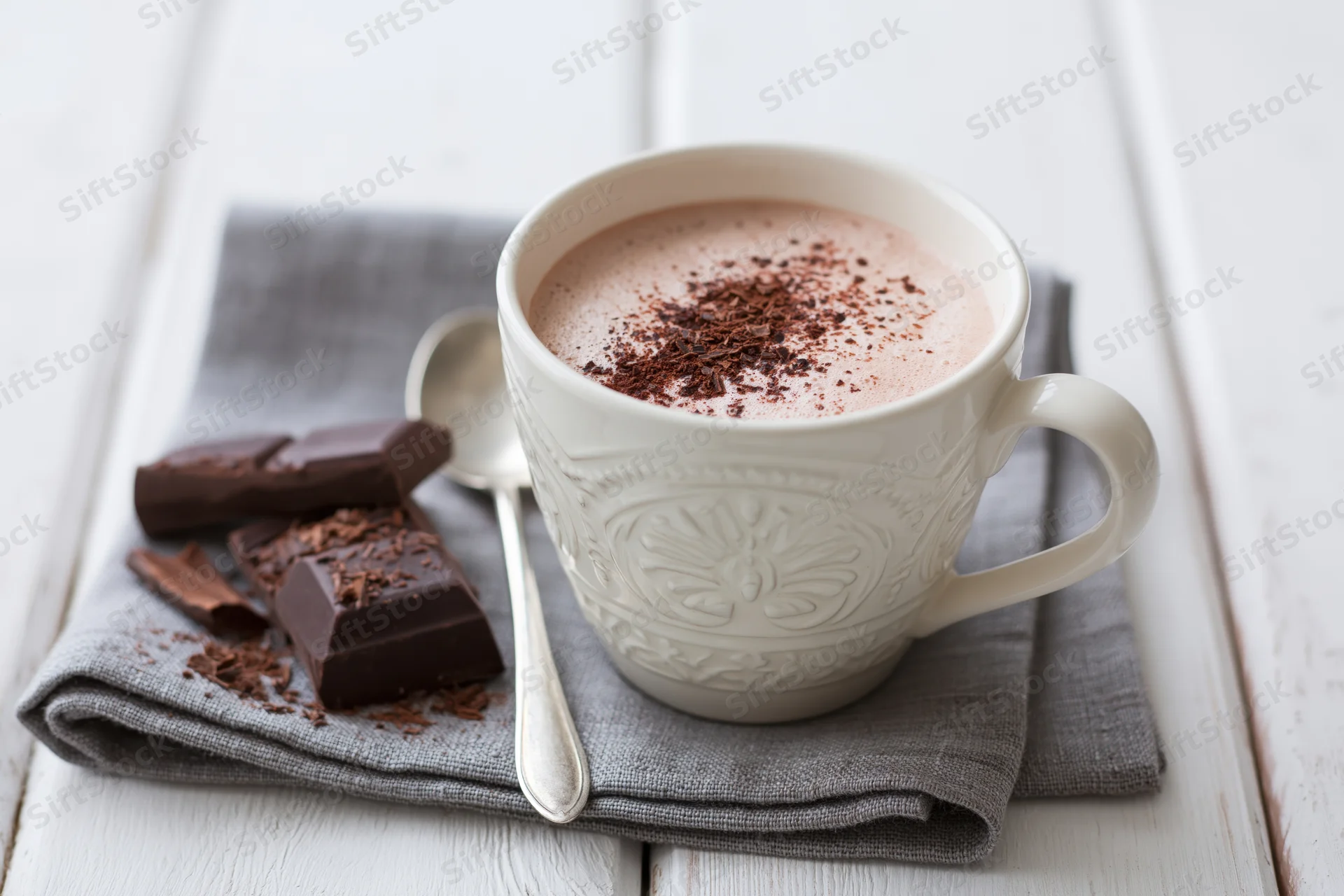 White embossed ceramic mug filled with frothy hot chocolate topped with cocoa shavings on a gray napkin with chocolate pieces and spoon beside it on a white wooden table