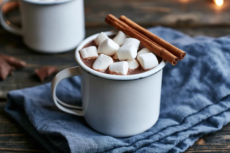 White enamel mug filled with hot chocolate topped with marshmallows and cinnamon sticks on a blue cloth over wooden table
