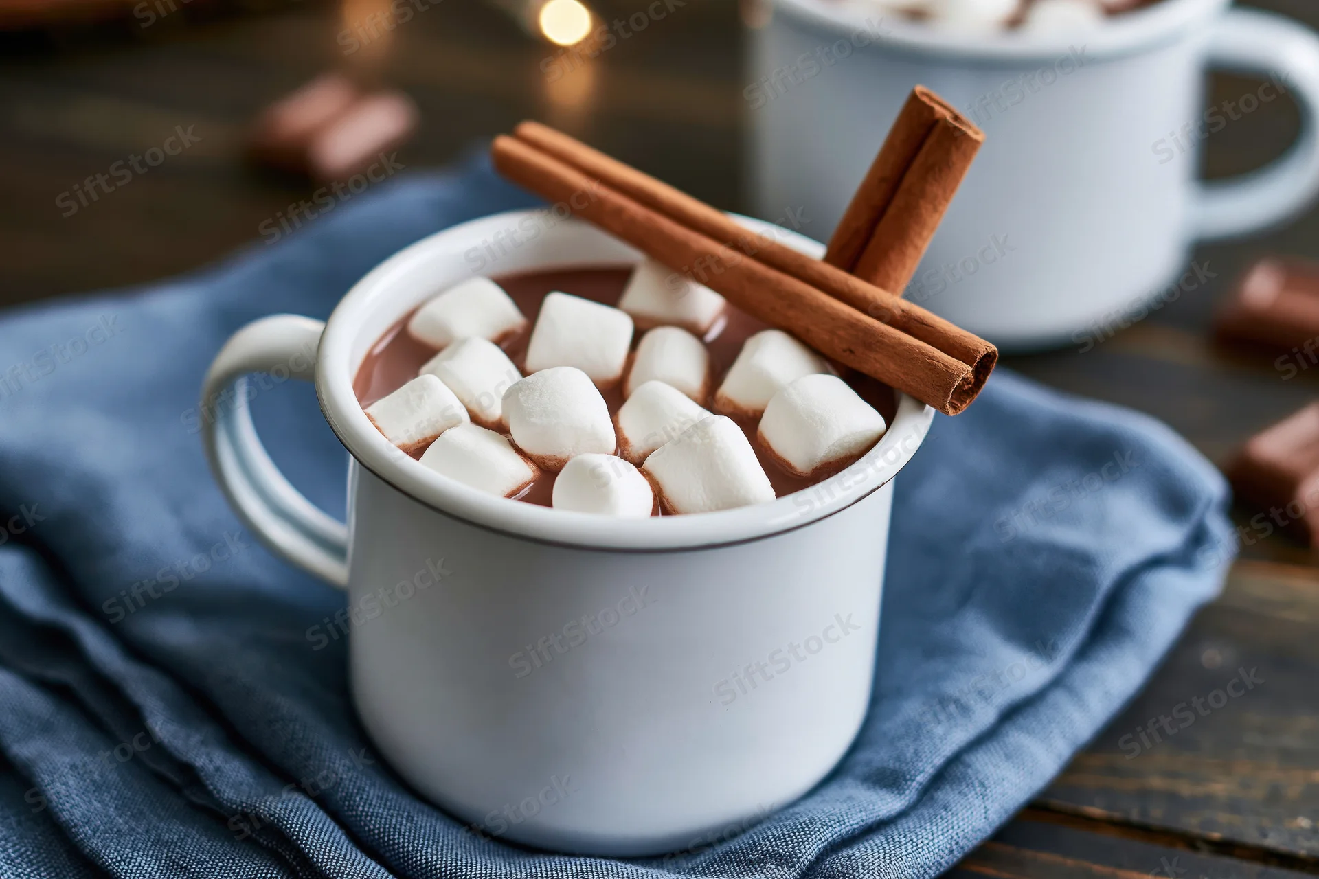 White enamel mug filled with hot chocolate topped with marshmallows and cinnamon sticks on a blue cloth over wooden table