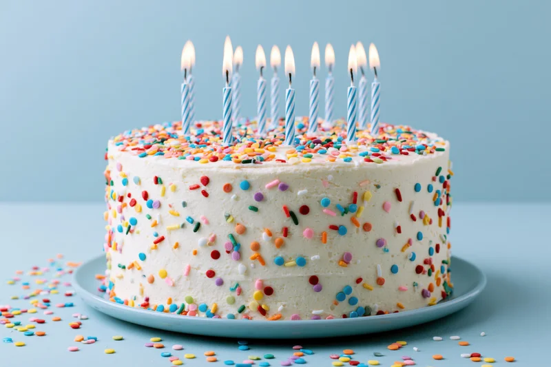 White frosted birthday cake with lit candles and colorful sprinkles on a blue plate