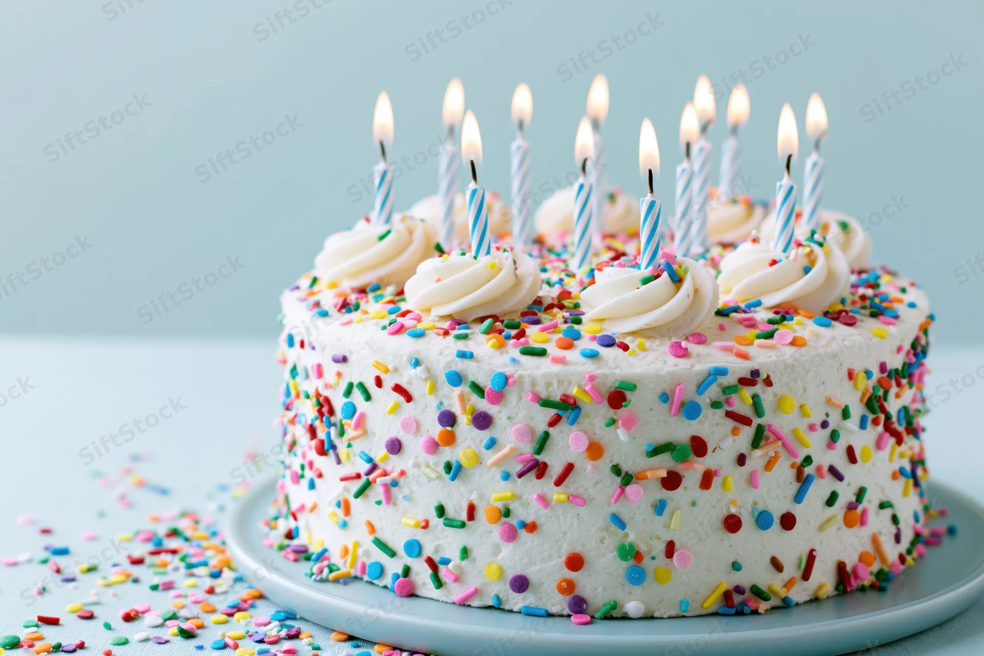 White frosted birthday cake with lit candles and colorful sprinkles on a plate