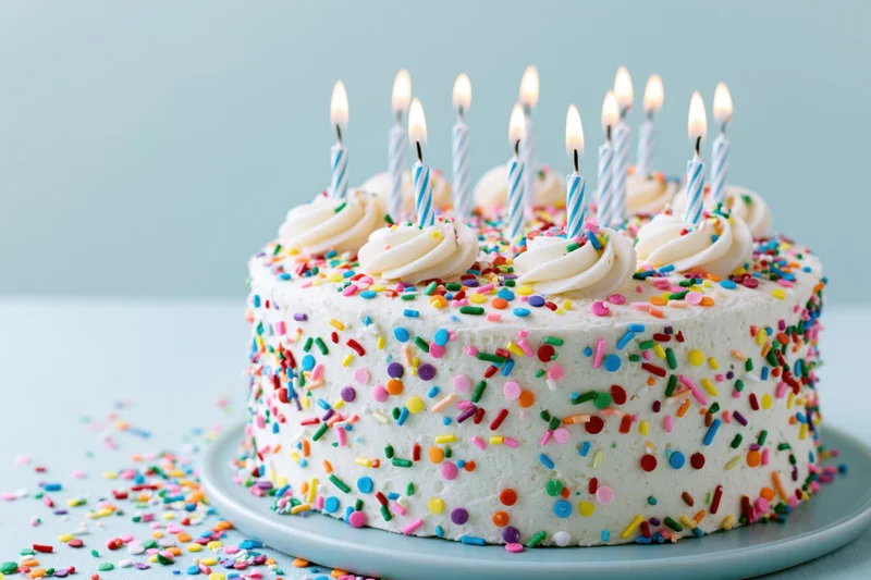 White frosted birthday cake with lit candles and colorful sprinkles on a plate