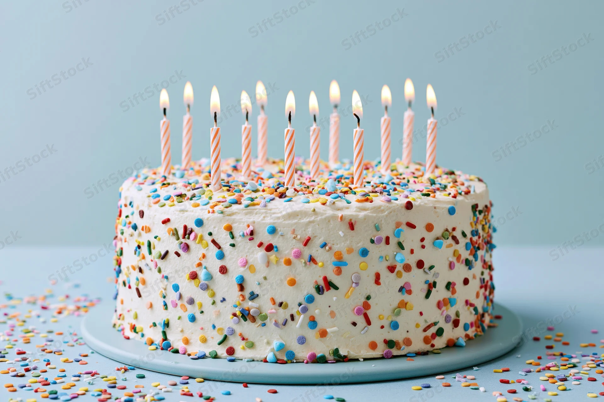 White frosted birthday cake with lit candles and colorful sprinkles on a blue plate