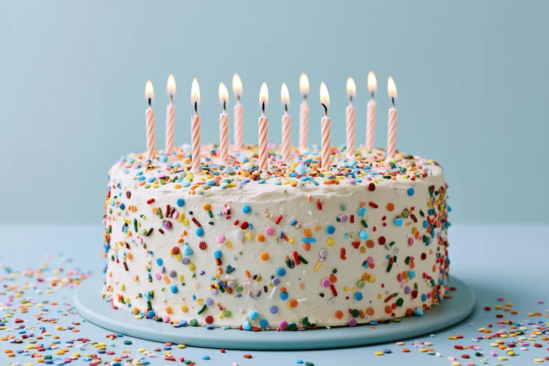 White frosted birthday cake with lit candles and colorful sprinkles on a blue plate