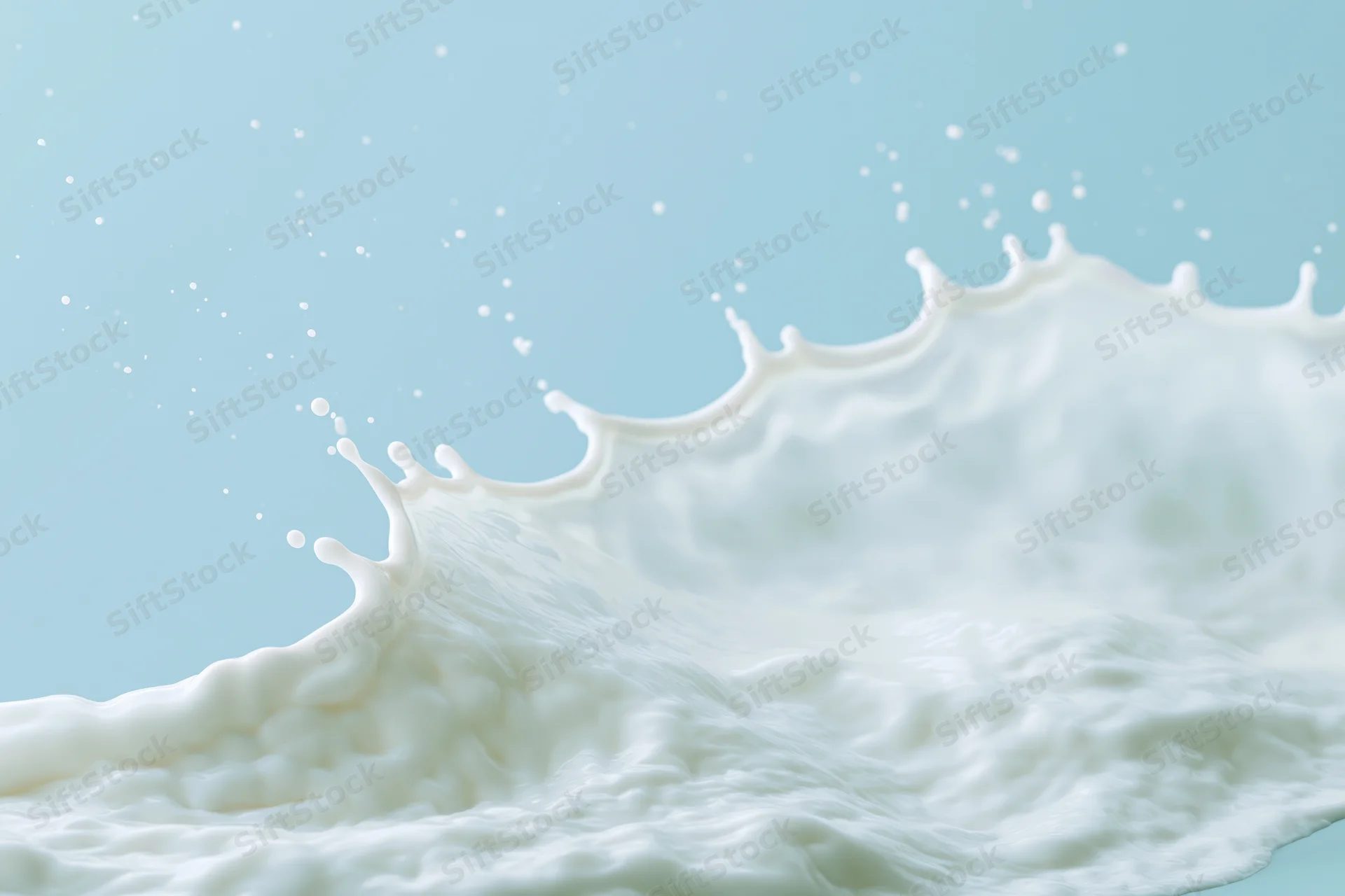 White milk splash forming a wave shape against a light blue background
