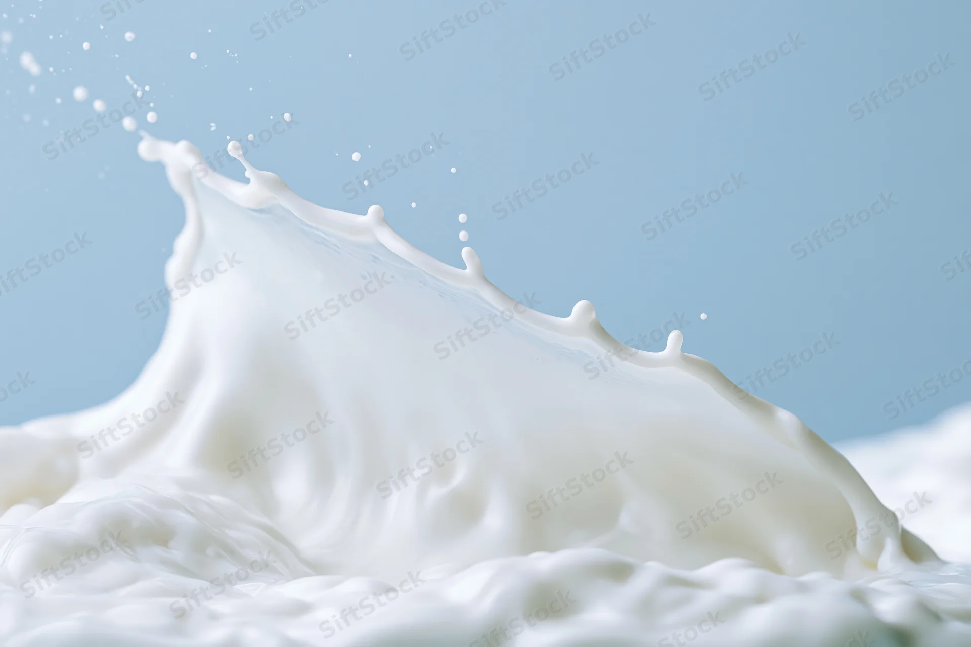 White milk splash forming a wave shape mid-motion against a light blue background