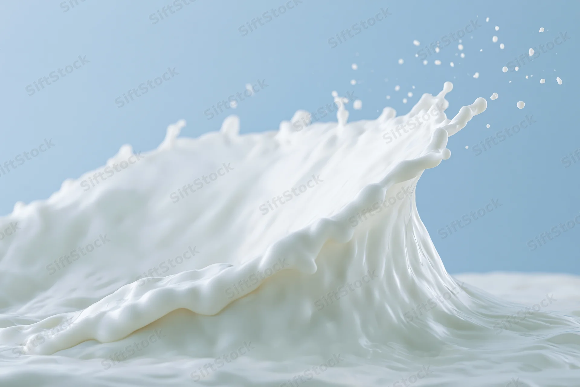 White milk splash forming a wave shape mid-motion against a light blue background