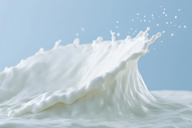 White milk splash forming a wave shape mid-motion against a light blue background