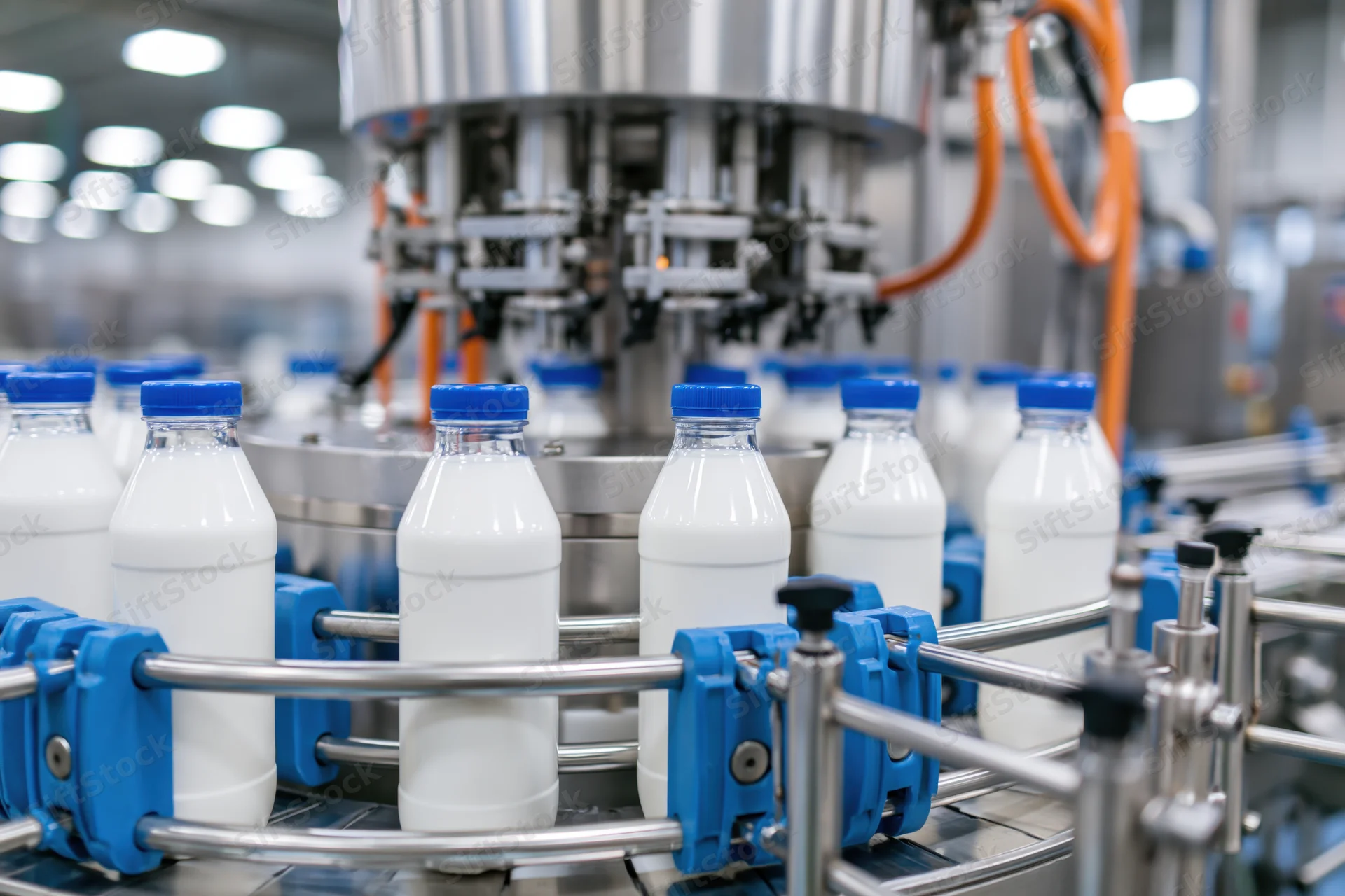 Milk bottles moving along a conveyor belt in a dairy processing factory