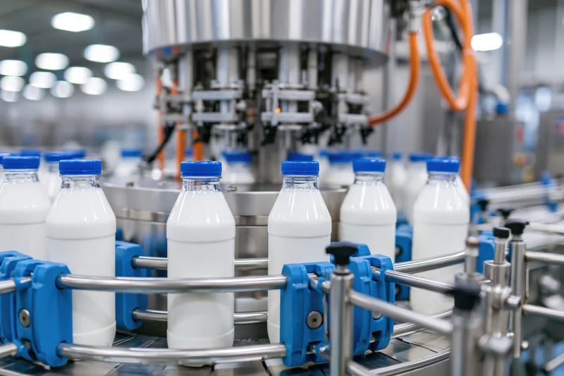 Milk bottles moving along a conveyor belt in a dairy processing factory