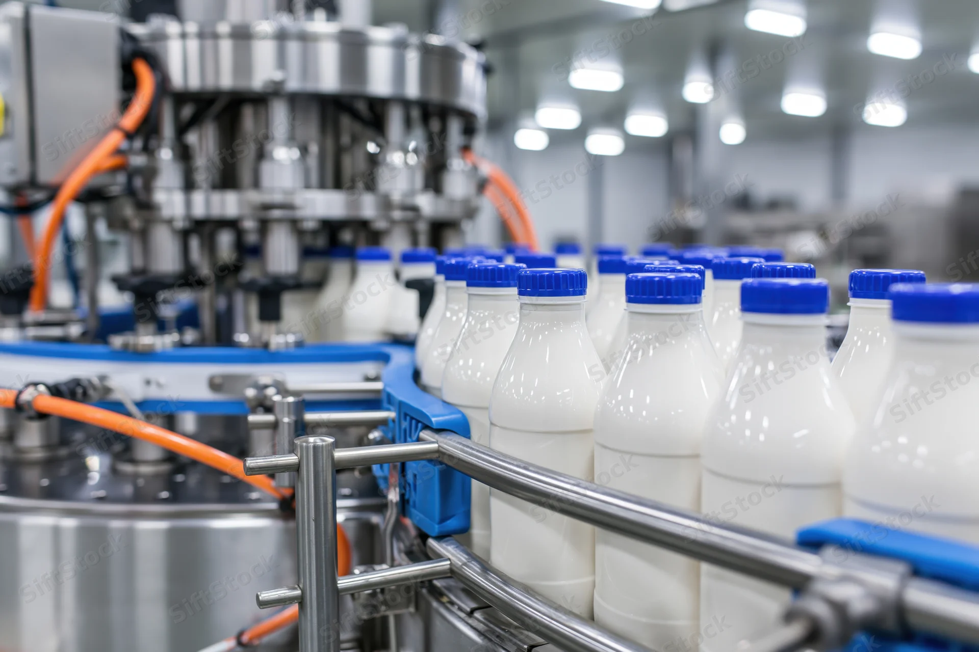 Milk bottles moving along a conveyor in a dairy factory production line
