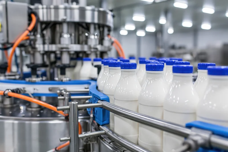Milk bottles moving along a conveyor in a dairy factory production line