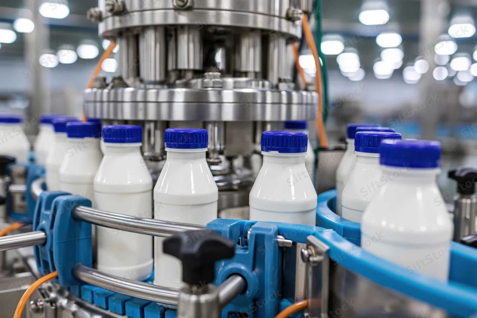 White plastic milk bottles with blue caps moving along a conveyor belt in a dairy factory