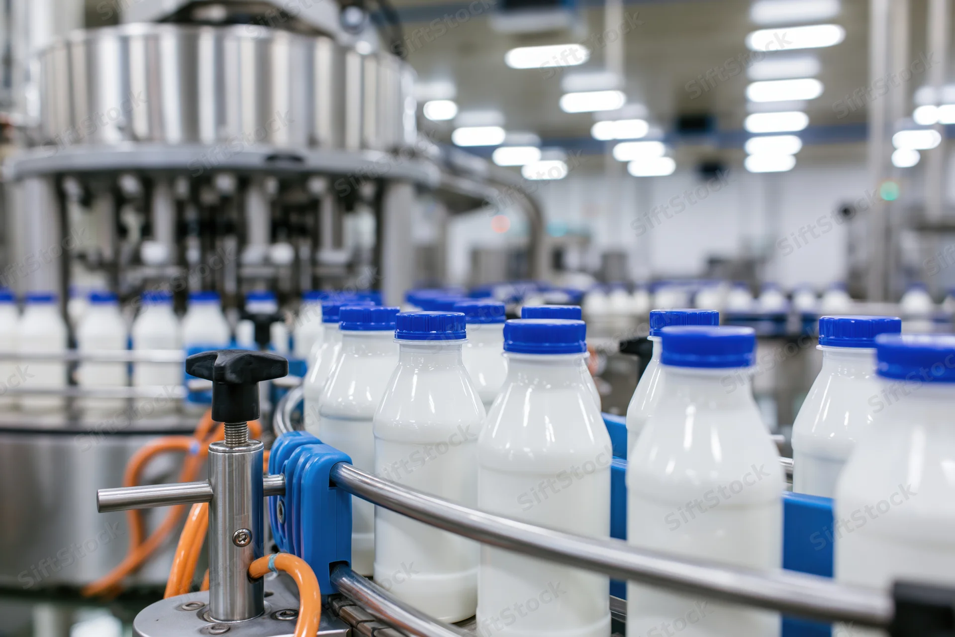 Milk bottles moving along a conveyor in a dairy factory