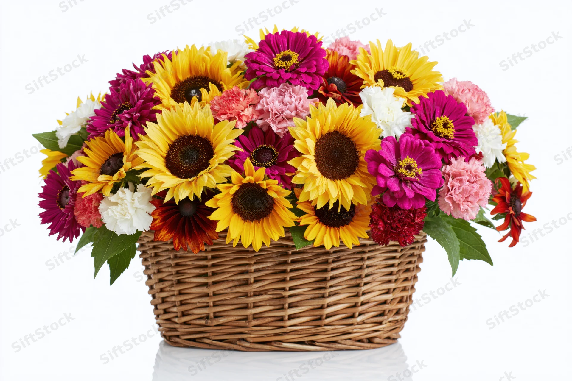 Colorful mixed bouquet of sunflowers, zinnias, and carnations in a woven wicker basket on white background