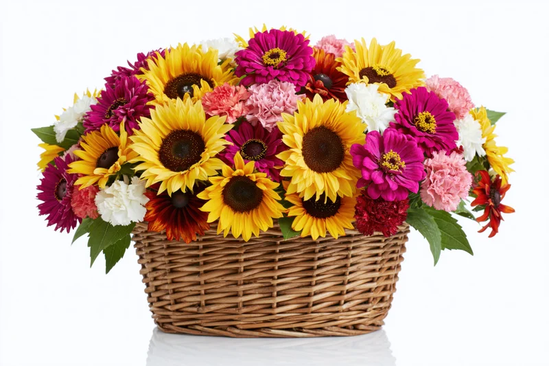 Colorful mixed bouquet of sunflowers, zinnias, and carnations in a woven wicker basket on white background