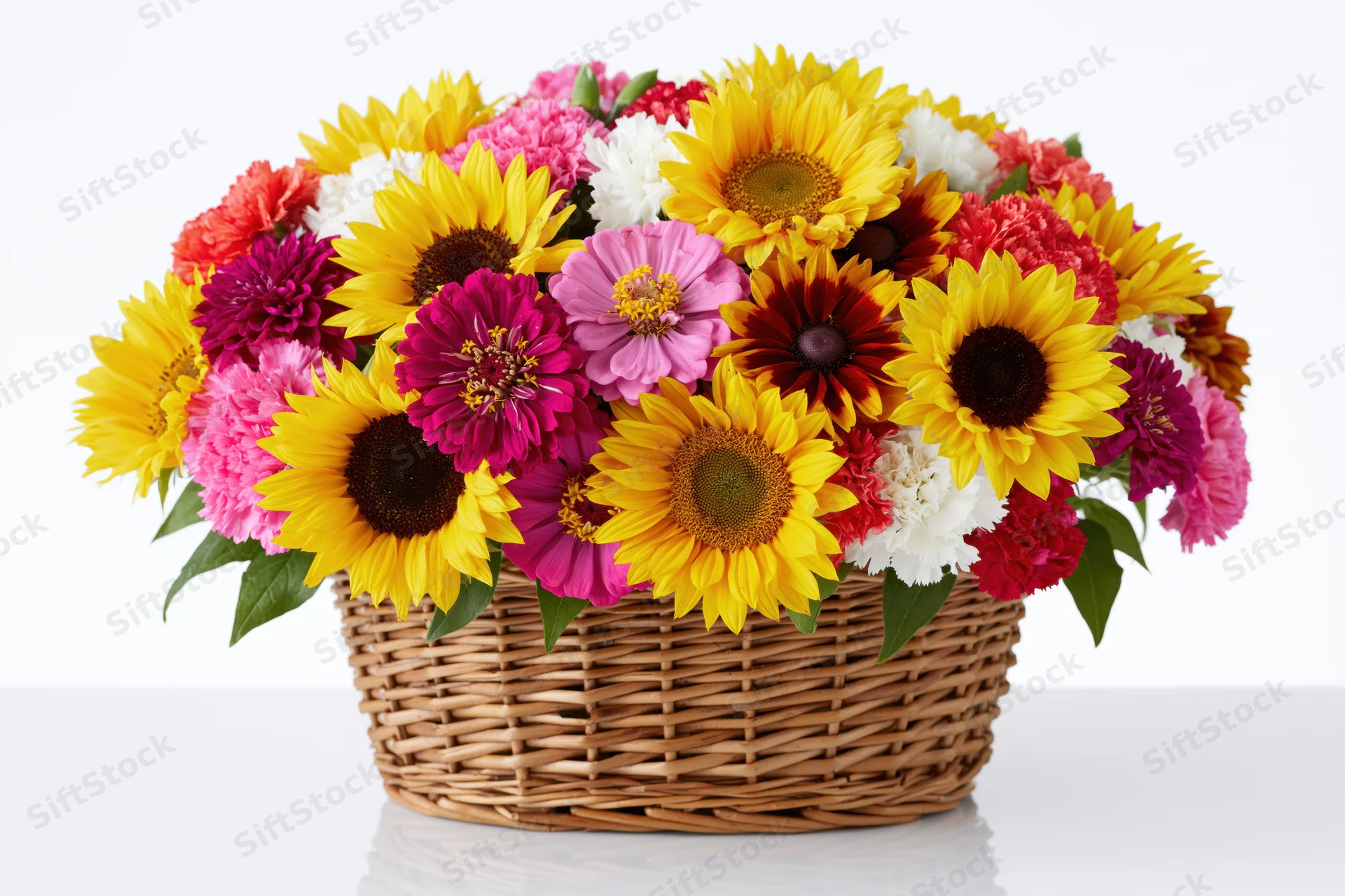 Colorful mixed bouquet of sunflowers and zinnias in a woven wicker basket on white background