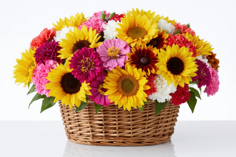 Colorful mixed bouquet of sunflowers and zinnias in a woven wicker basket on white background