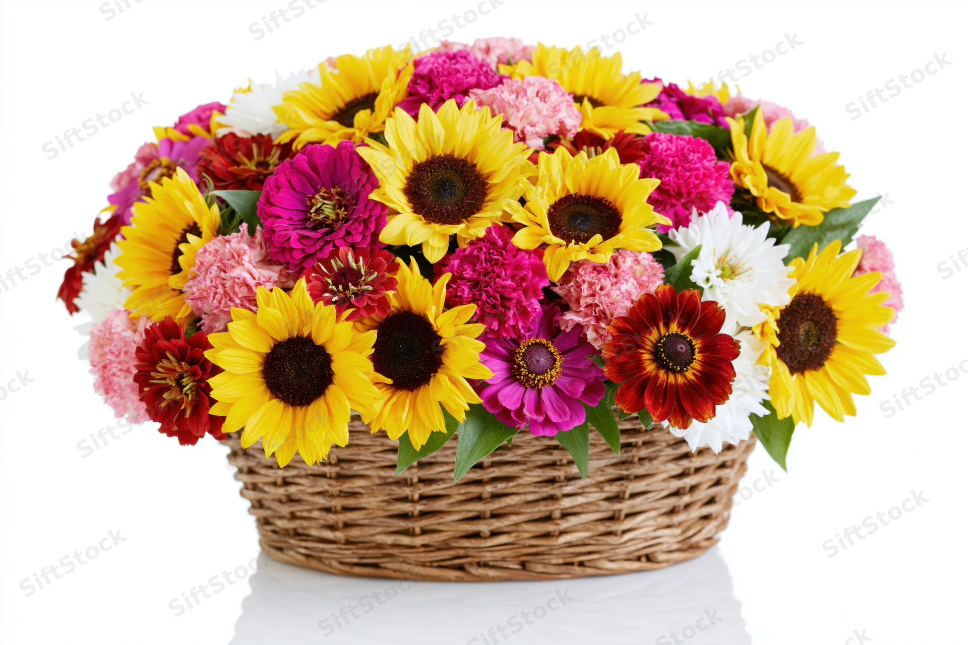 Mixed bouquet of sunflowers and zinnias in a woven wicker basket on white background