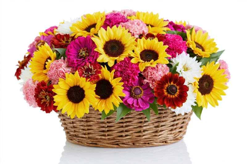 Mixed bouquet of sunflowers and zinnias in a woven wicker basket on white background