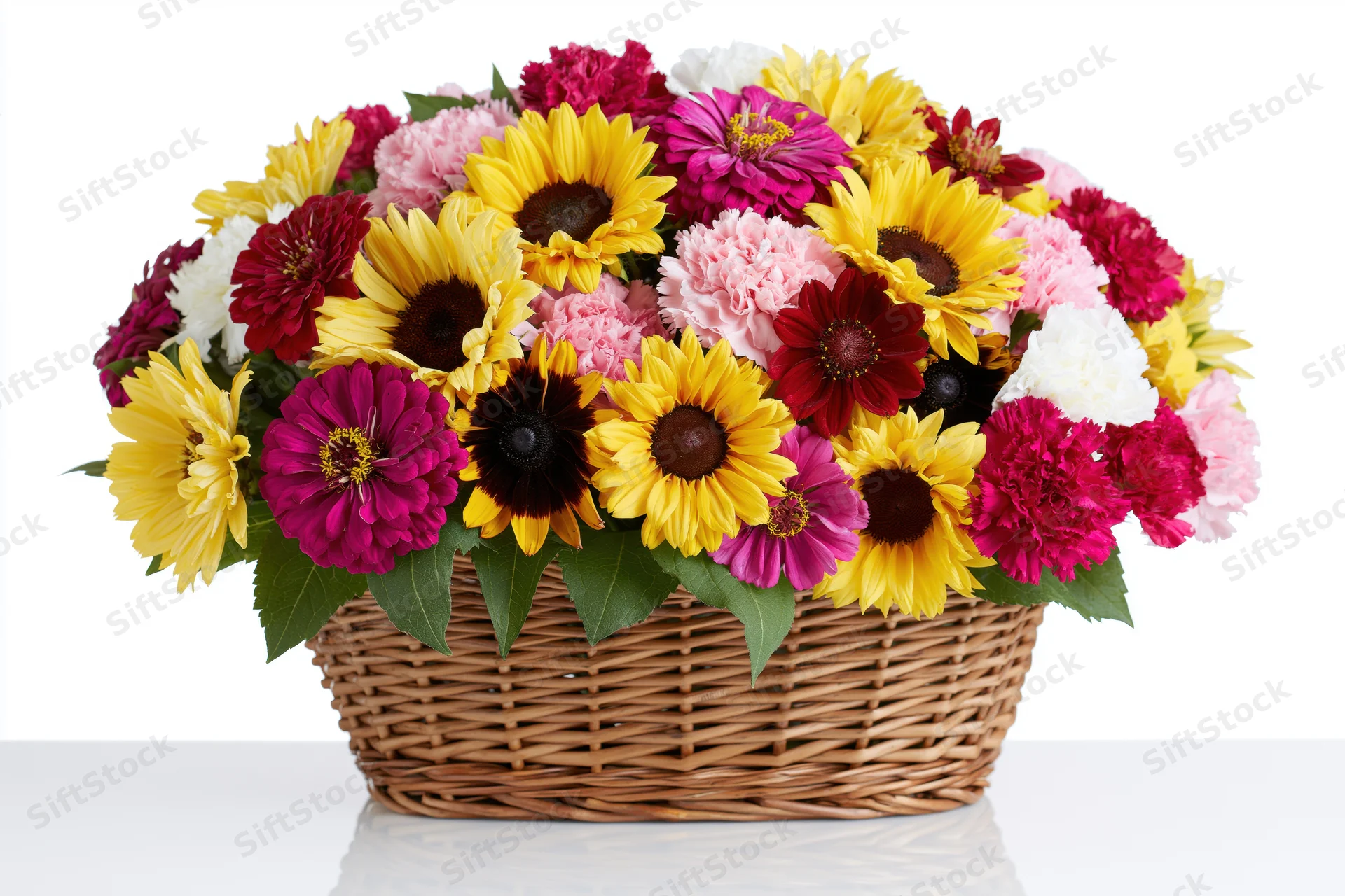 Mixed bouquet of sunflowers and zinnias in a woven wicker basket on white surface