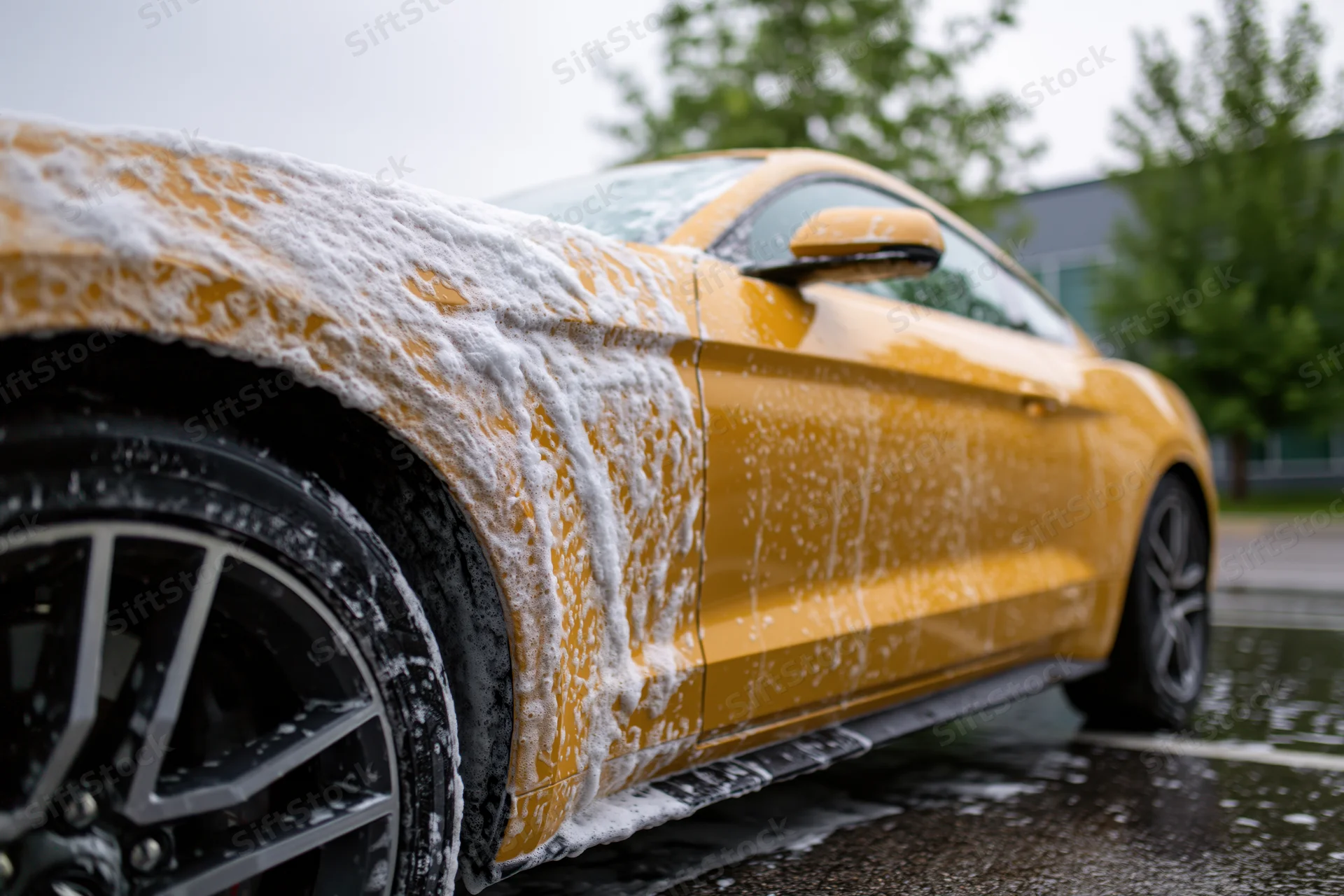 Yellow ford mustang coupe covered in thick white soap foam during outdoor car wash