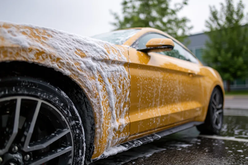Yellow ford mustang coupe covered in thick white soap foam during outdoor car wash
