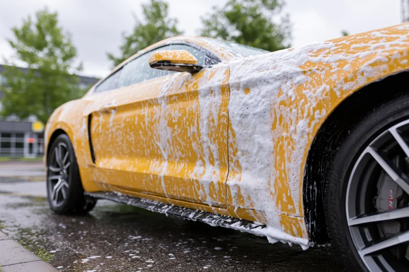Yellow ford mustang coupe covered in thick white soap foam during outdoor car wash