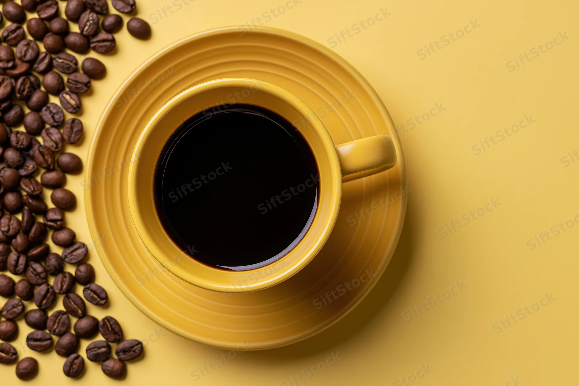 Yellow ceramic coffee cup filled with black coffee on saucer beside scattered coffee beans on yellow surface