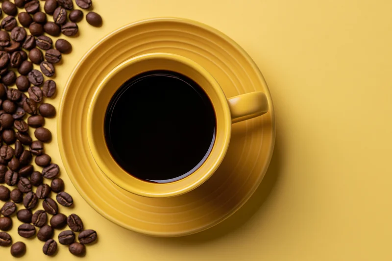 Yellow ceramic coffee cup filled with black coffee on saucer beside scattered coffee beans on yellow surface