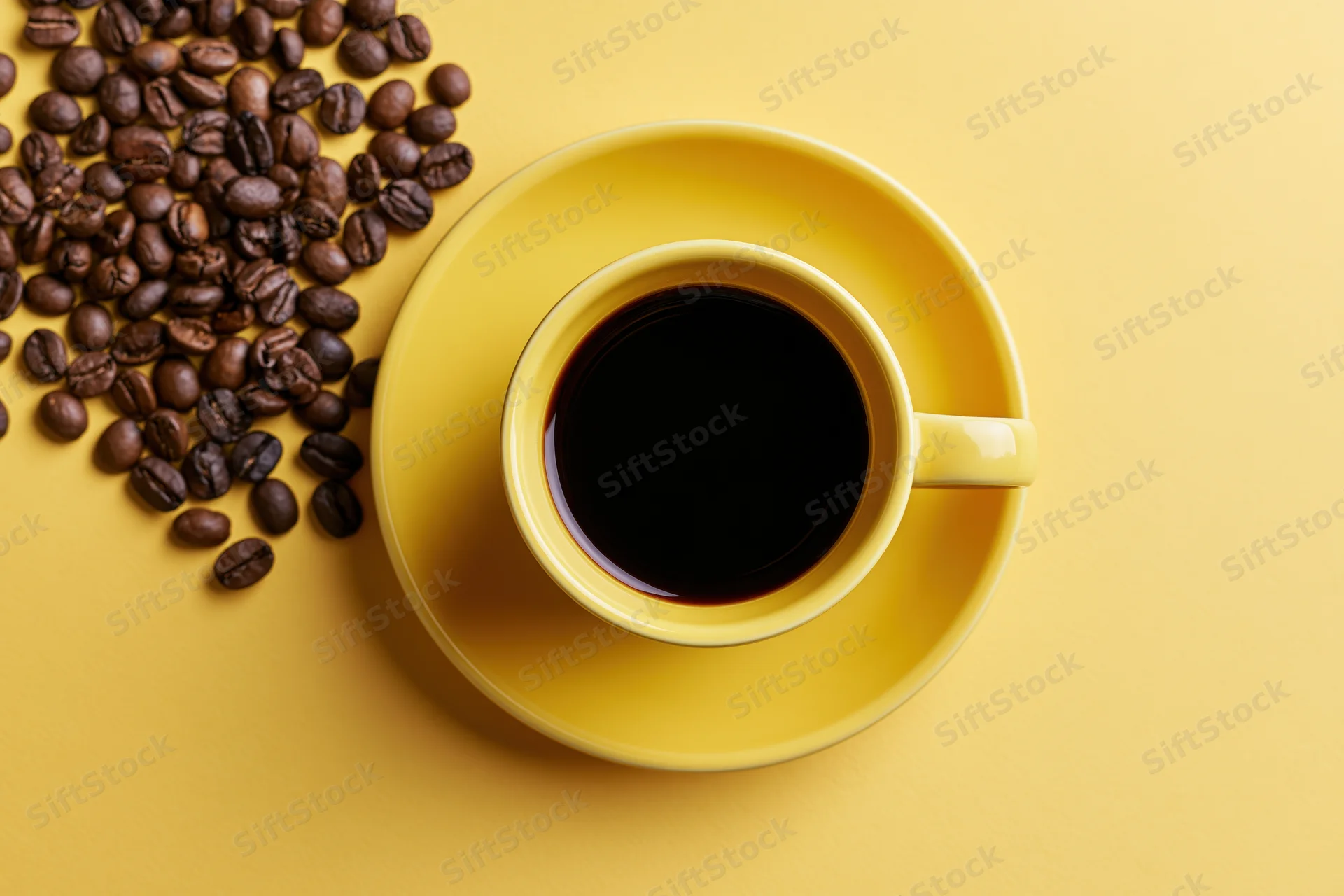 Yellow ceramic coffee cup filled with black coffee on saucer beside scattered coffee beans on yellow surface