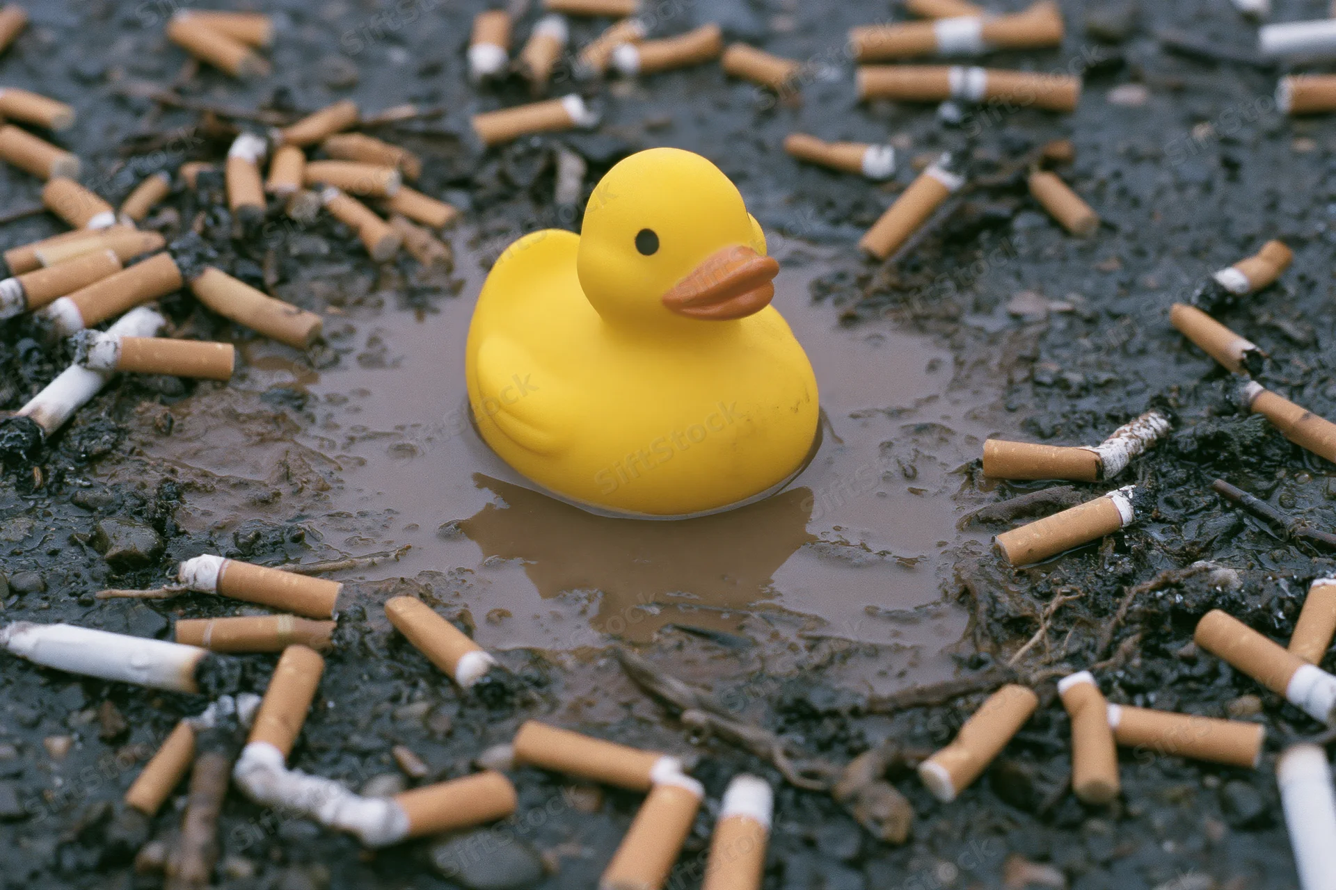 Yellow rubber duck floating in a muddy puddle surrounded by cigarette butts