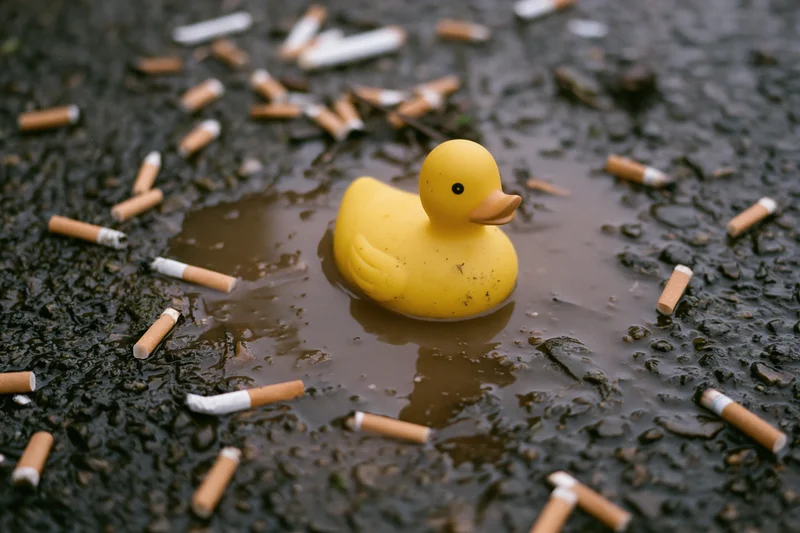 Yellow rubber duck floating in a muddy puddle surrounded by cigarette butts on a dirty street