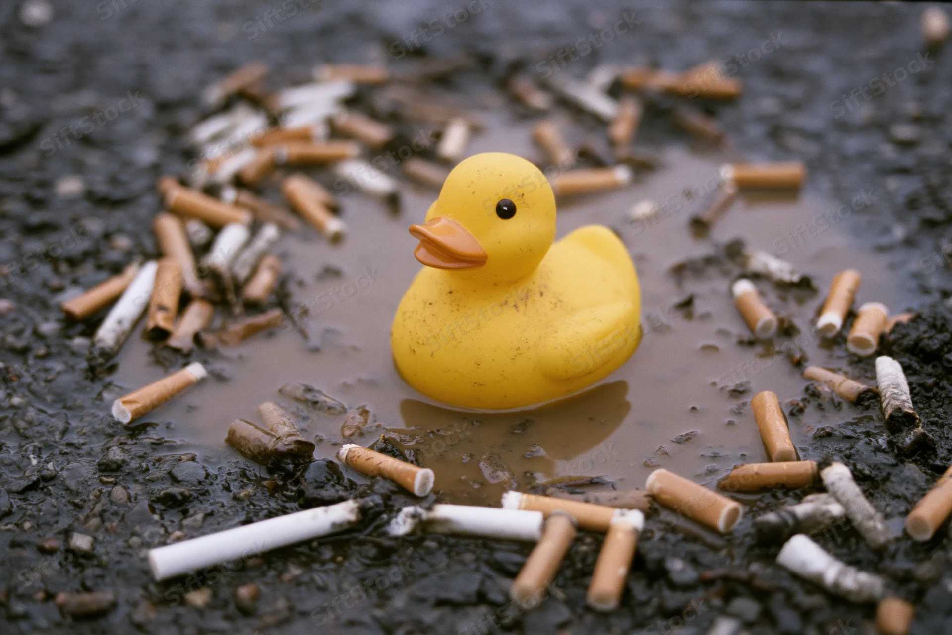 Yellow rubber duck floating in a muddy puddle surrounded by cigarette butts on a wet street
