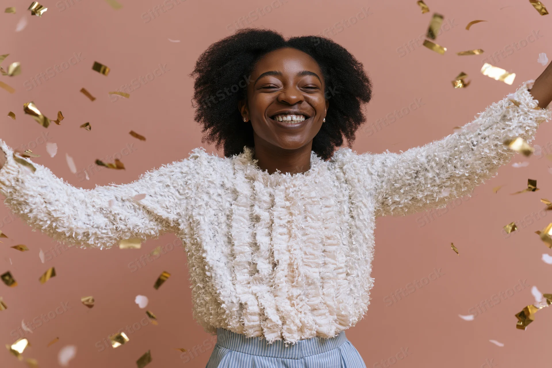 Young black woman laughing with arms spread amidst falling gold confetti in studio setting