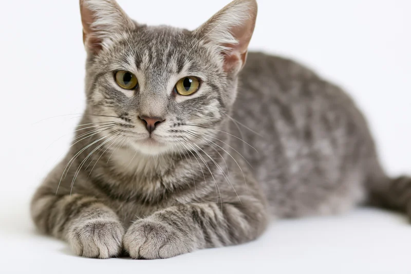 Young grey tabby cat lying down with front paws extended on white background
