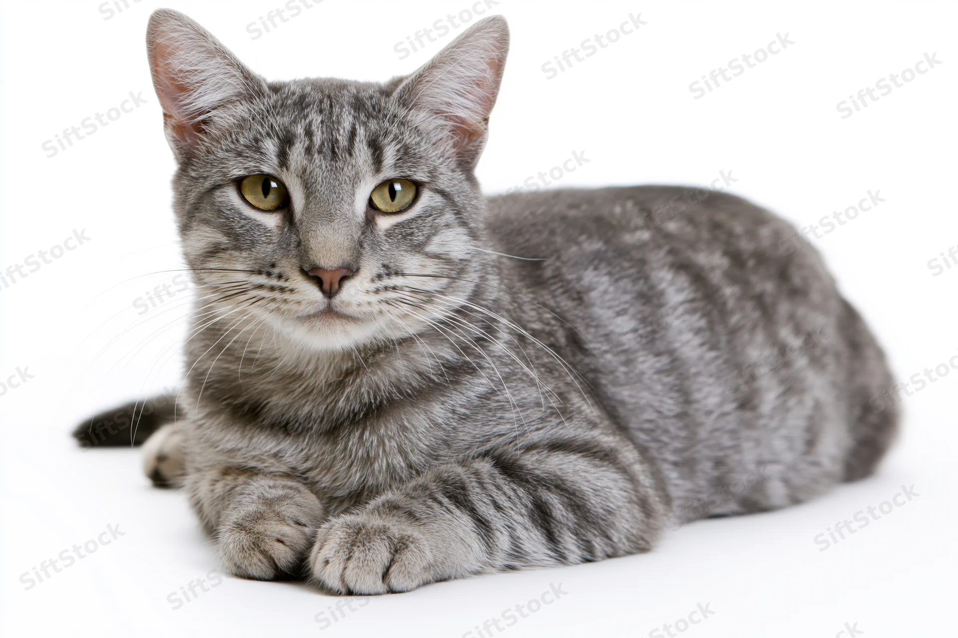 Grey tabby cat lying down with front paws extended on white background