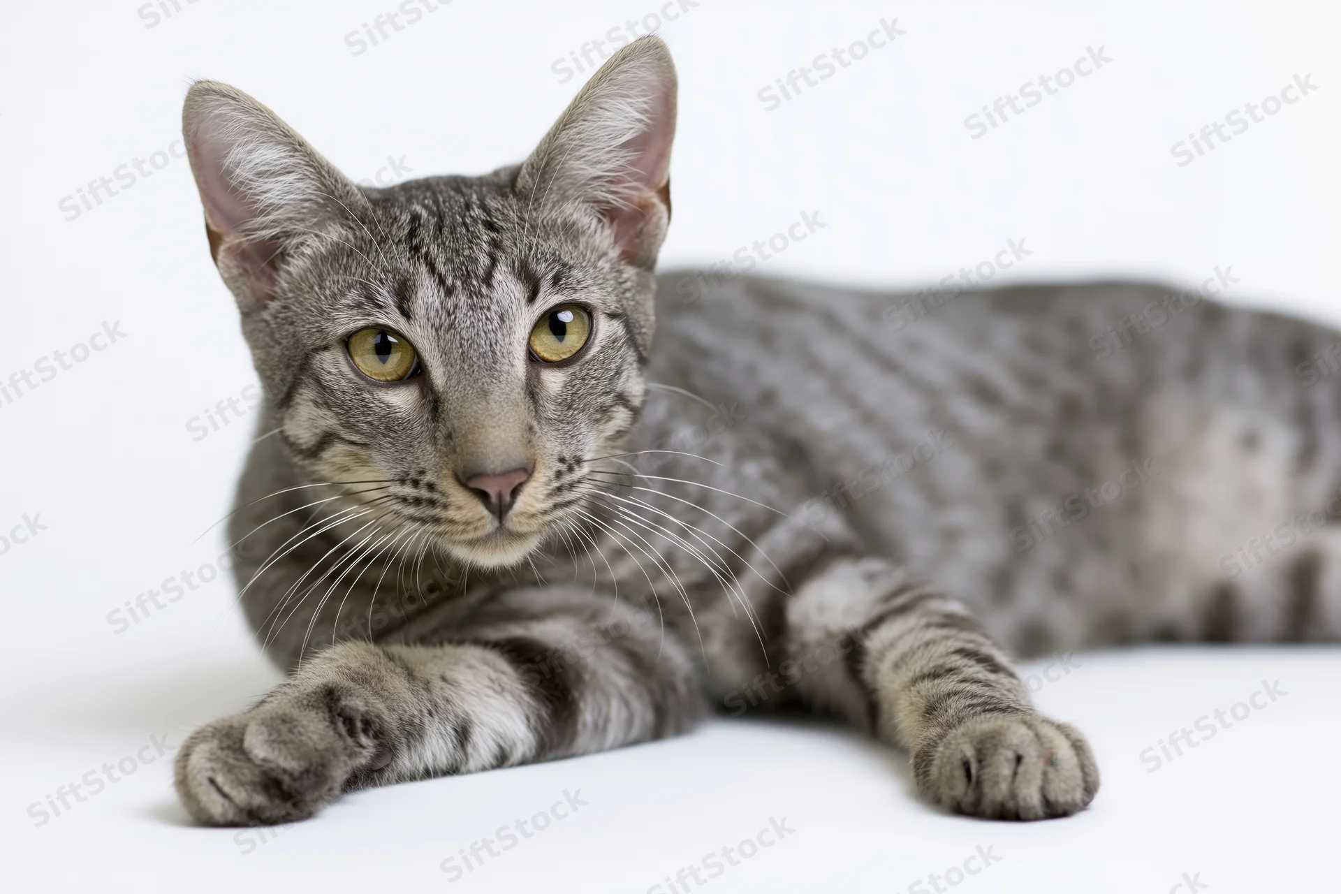 Young grey tabby cat lying down with front paws extended on white background