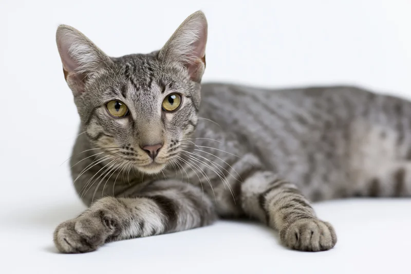 Young grey tabby cat lying down with front paws extended on white background
