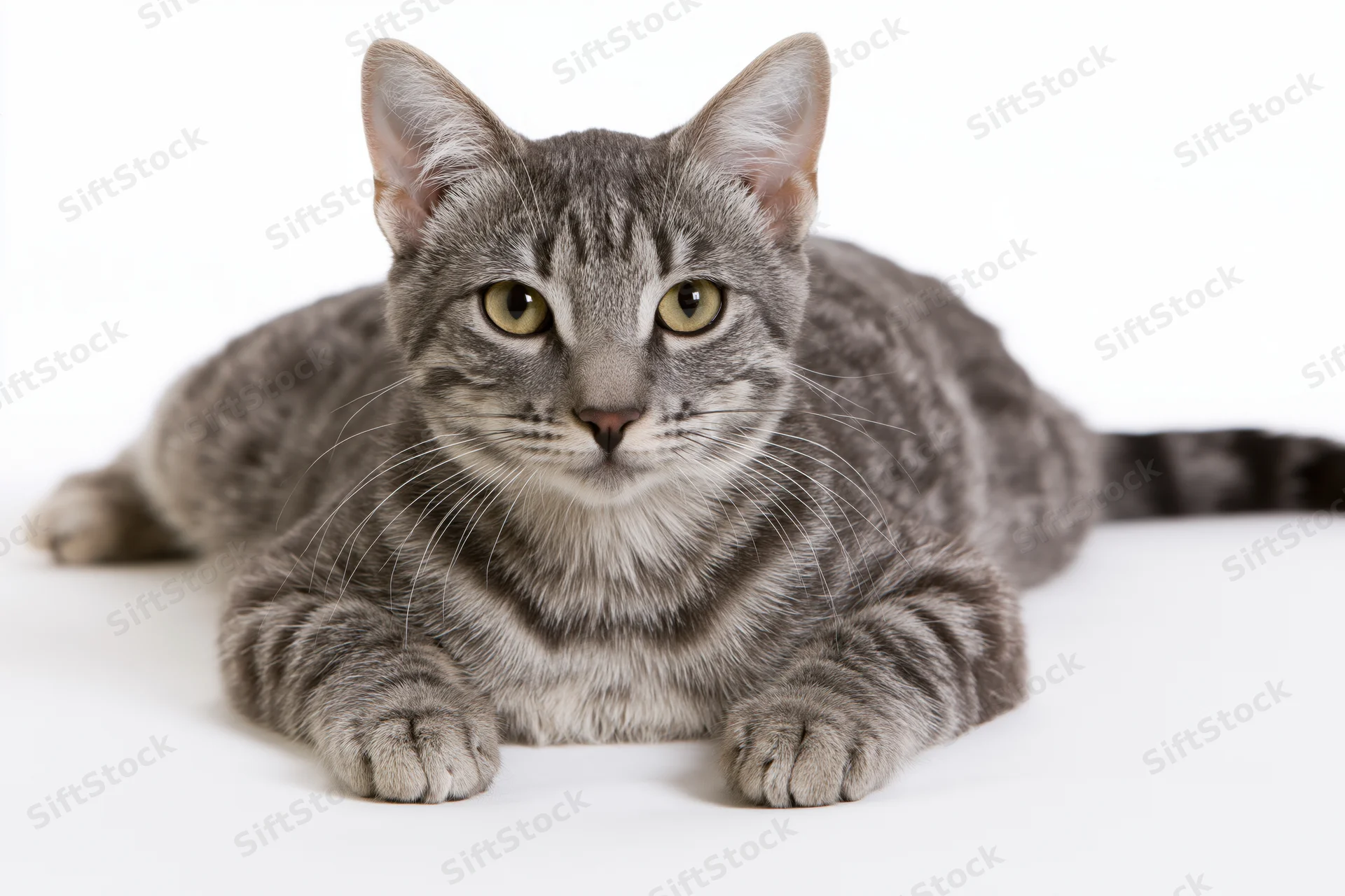 Young grey tabby cat lying down with front paws extended on white background