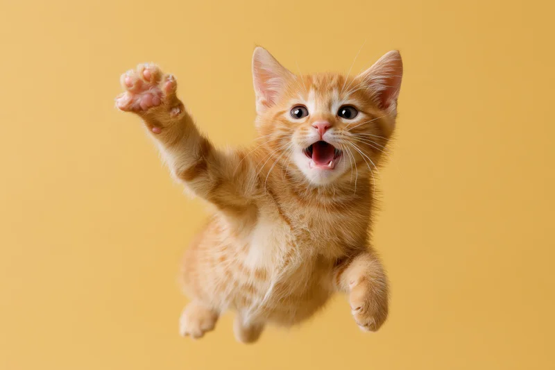 Orange tabby kitten mid-leap with open mouth against yellow background