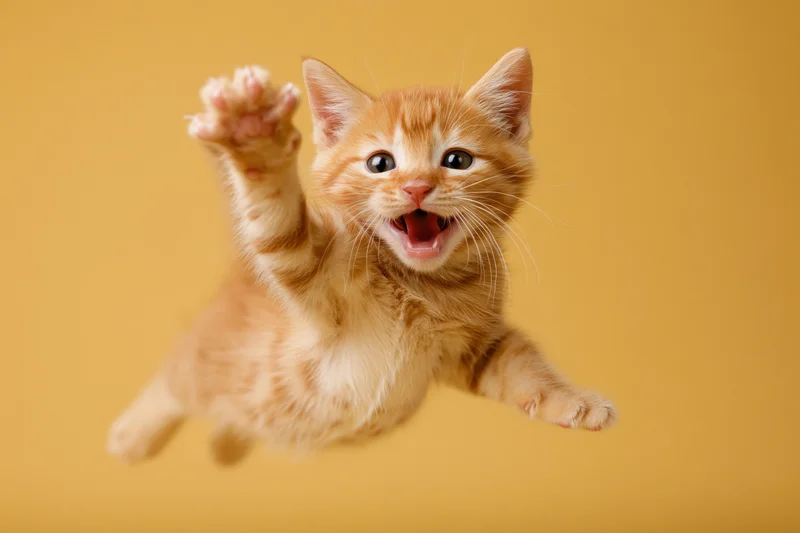 Orange tabby kitten mid-leap with open mouth against yellow background