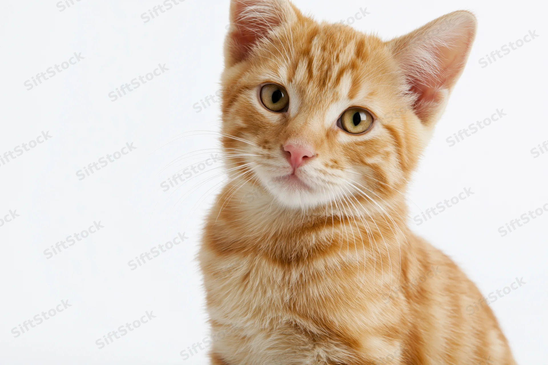Young orange tabby kitten sitting upright looking directly at camera against white background