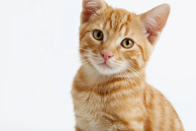 Young orange tabby kitten sitting upright looking directly at camera against white background