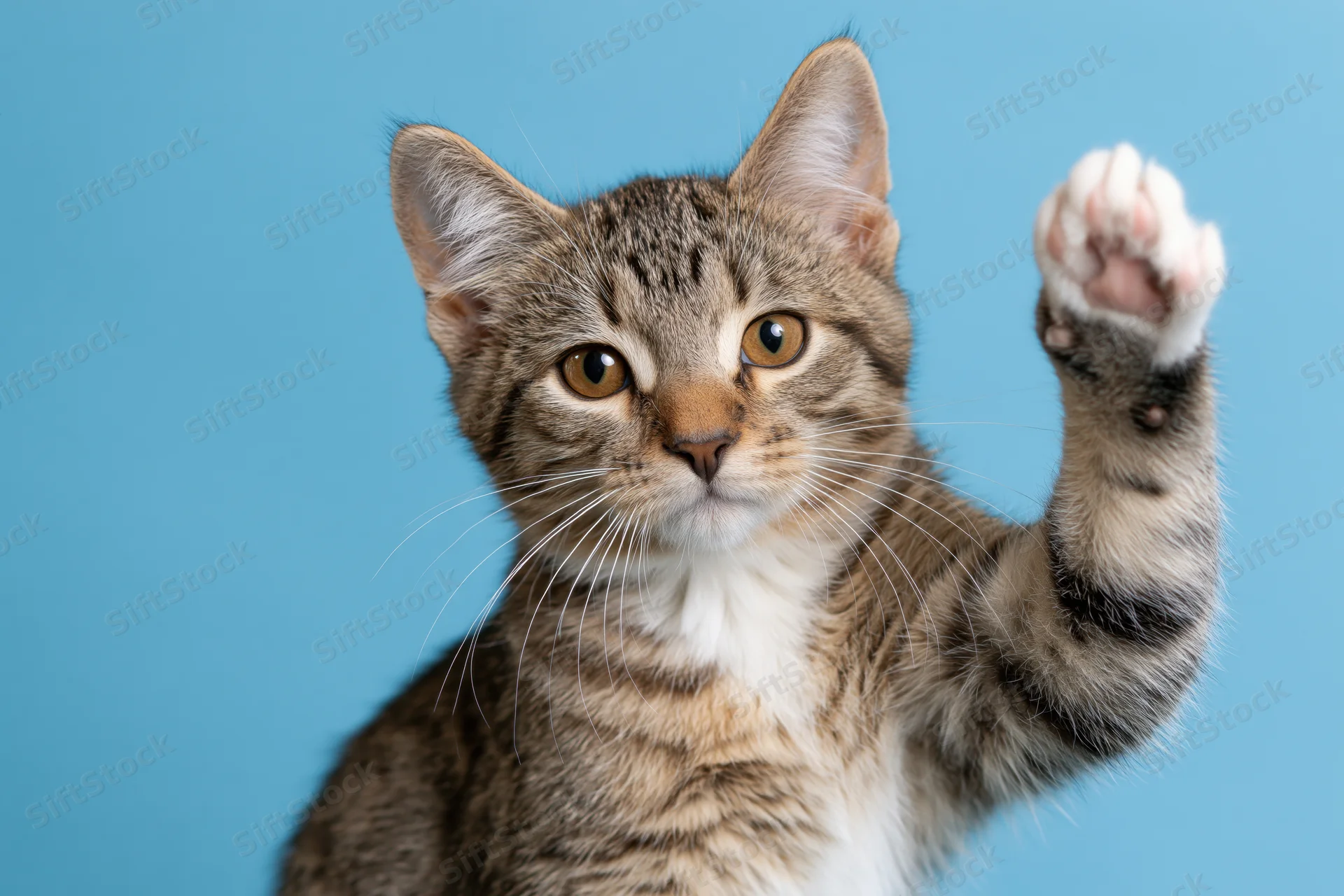 Tabby kitten raising one paw against a blue background