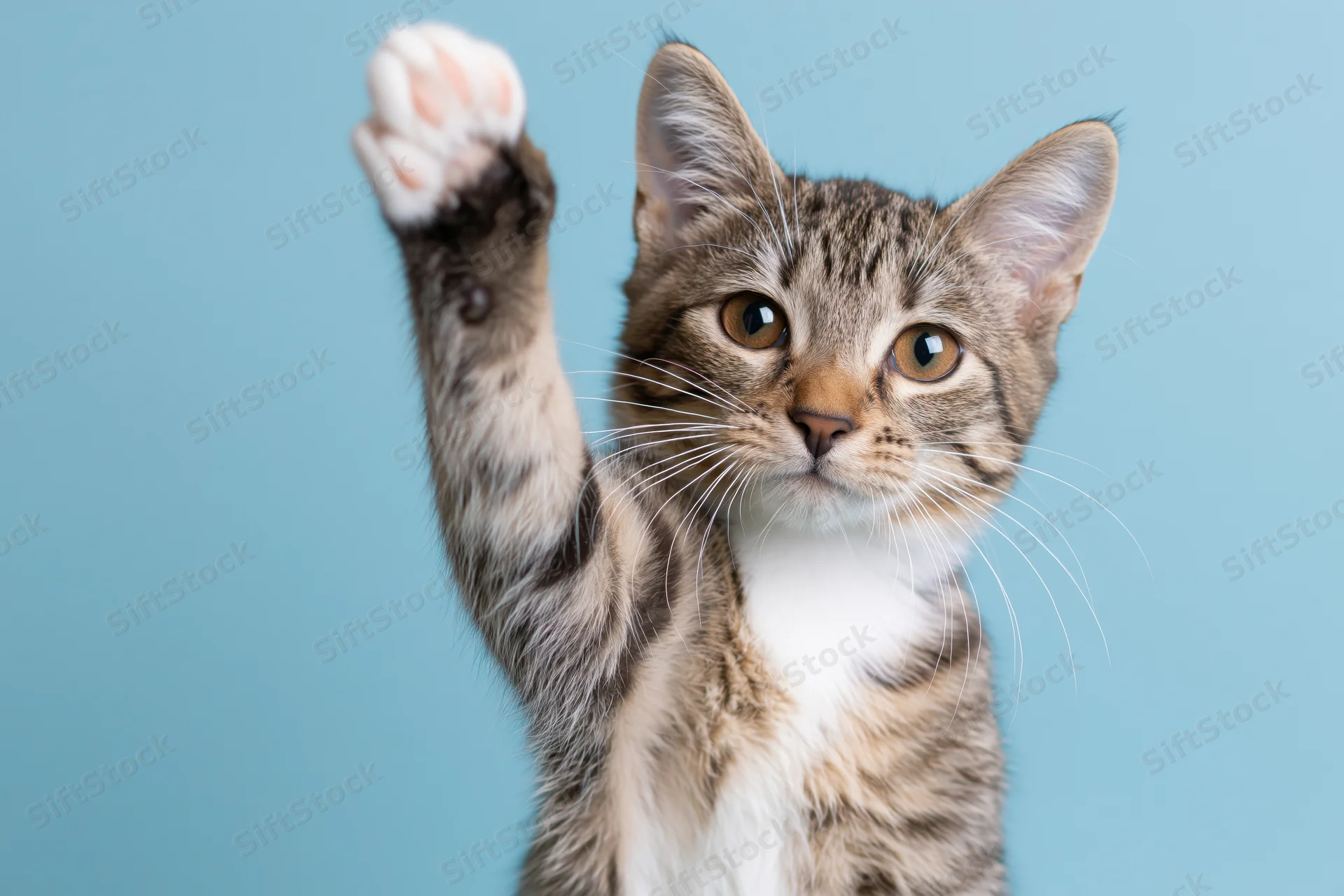 Young tabby cat raising one white-tipped paw toward the camera