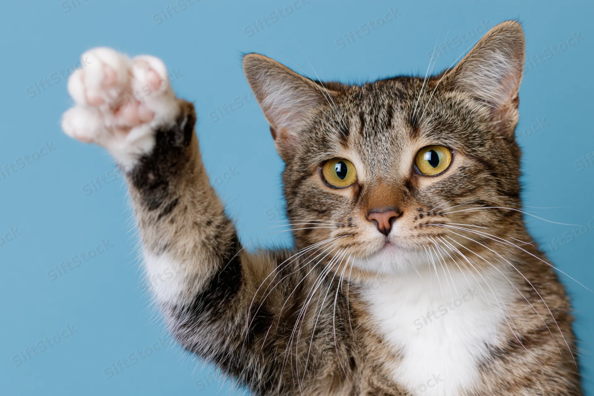 Young tabby cat raising one white paw toward the camera against a blue background