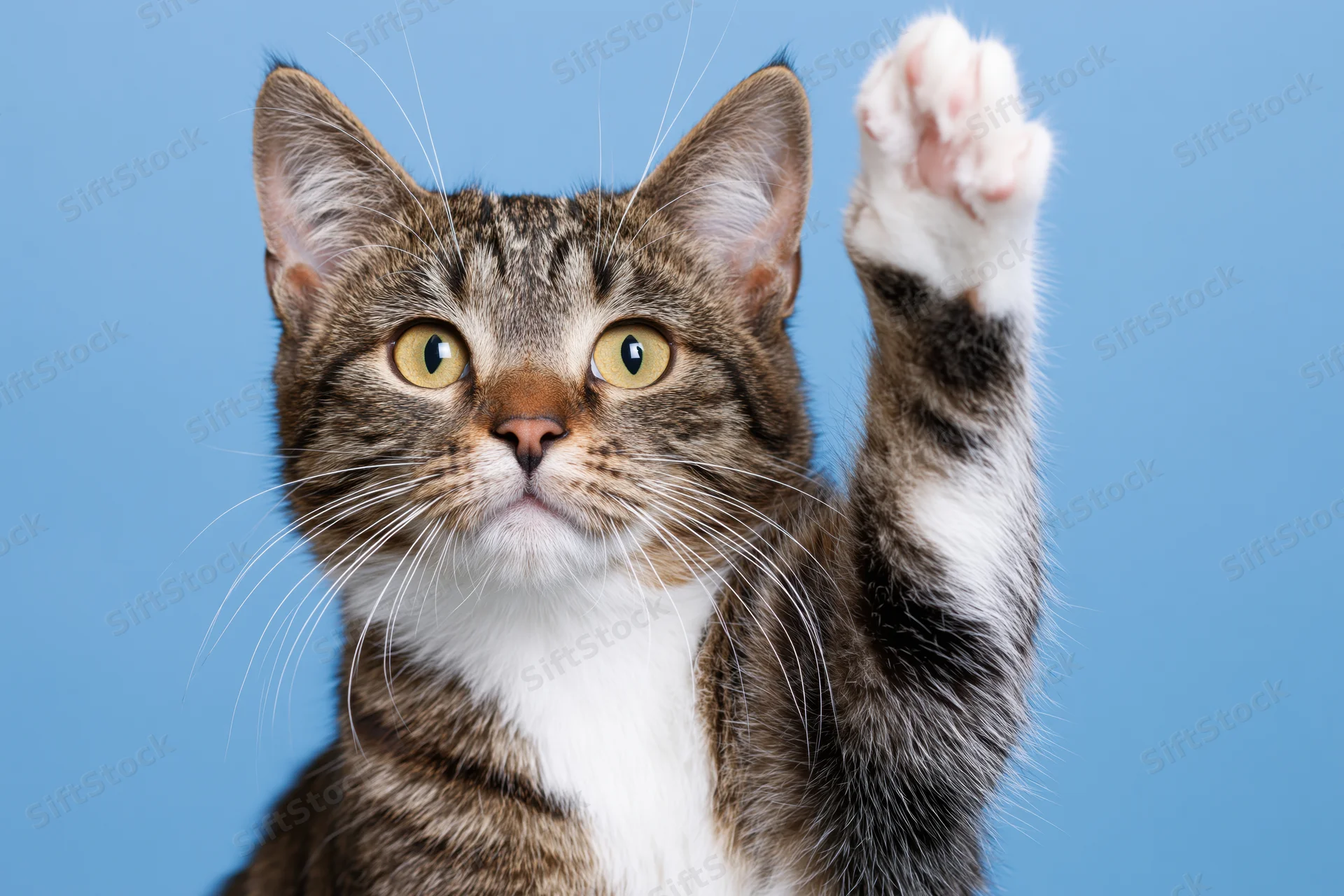 Young tabby cat raising one white paw toward the camera against a blue background
