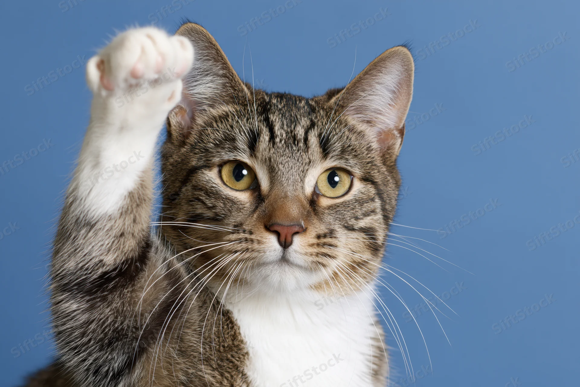 Young tabby cat raising white paw toward camera in studio portrait