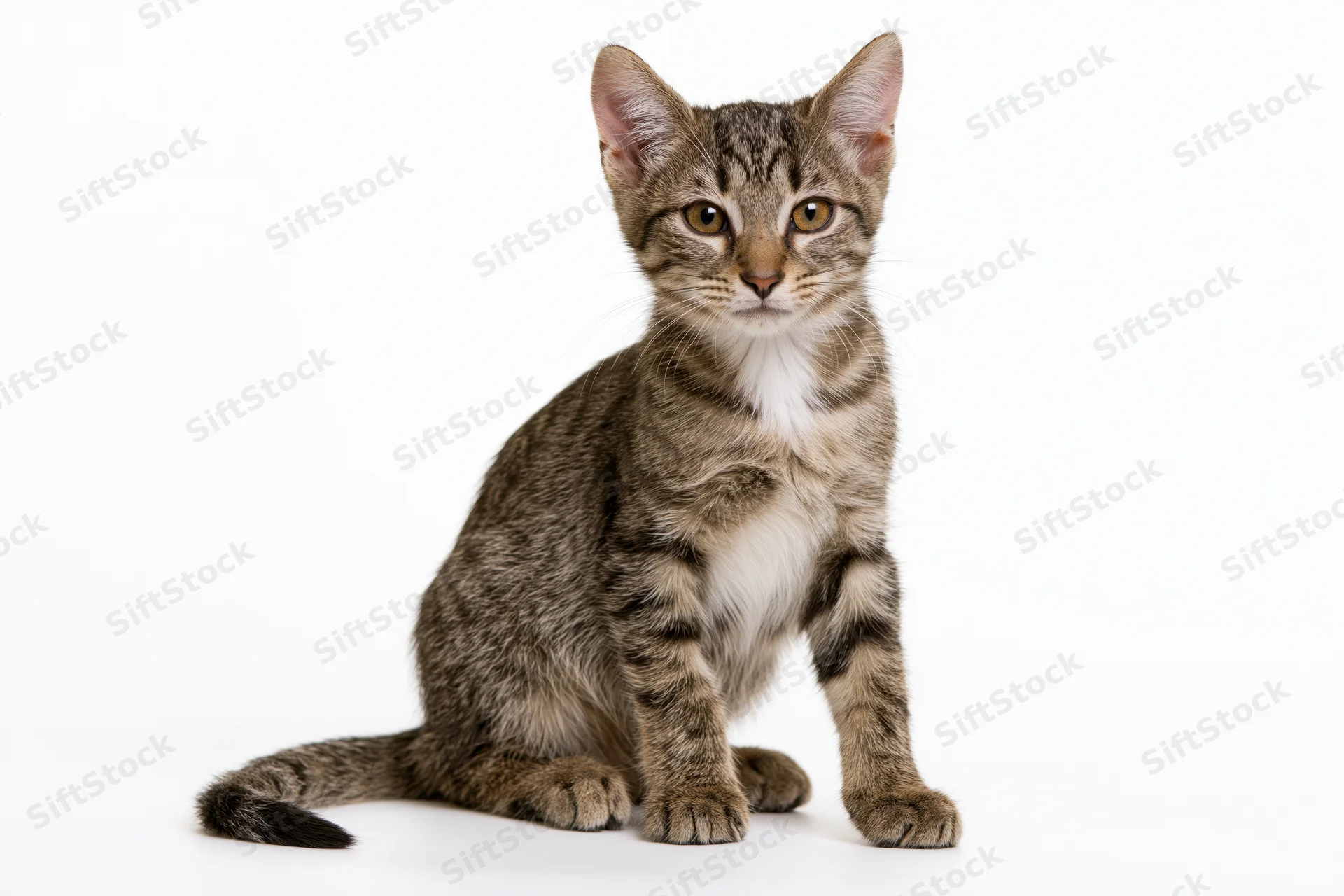 Young tabby kitten sitting upright and facing the camera on a white background